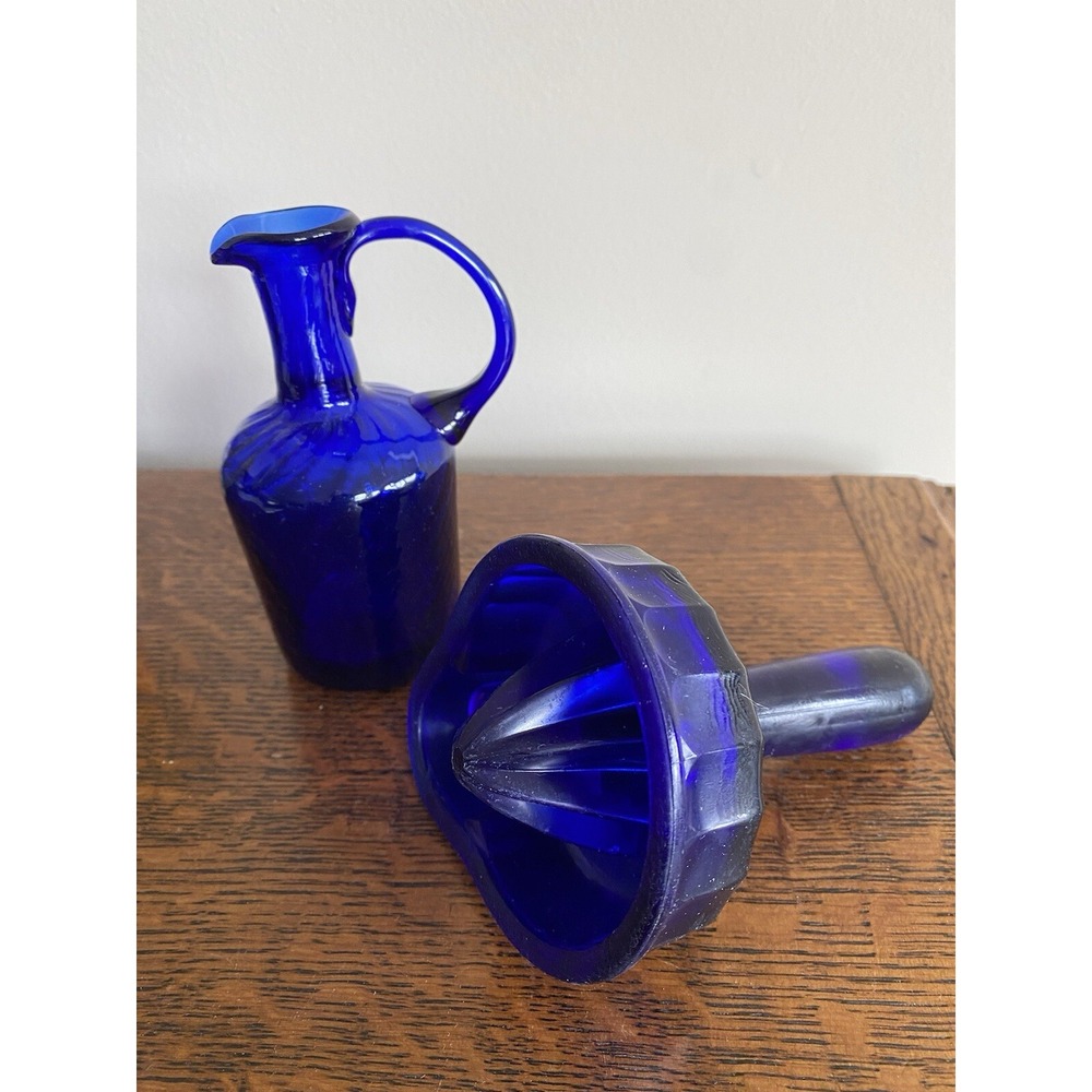 Colbalt Blue Glass Cruet Pitcher & Hand Juicer Set s1